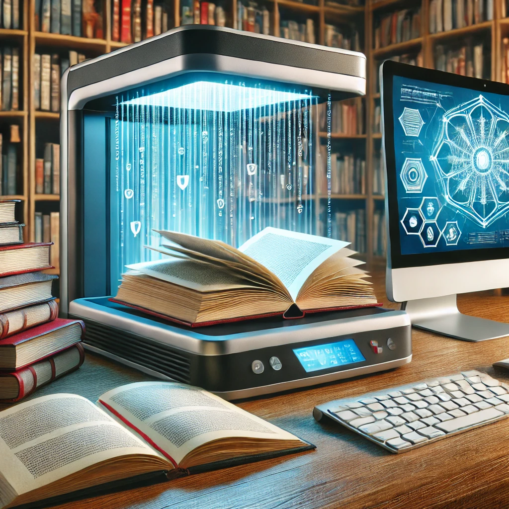 Ilustración para el articulo Las Ventajas de Escanear Libros Frente a Otros Métodos de Digitalización, en el que aparece un escáner de libros futurista